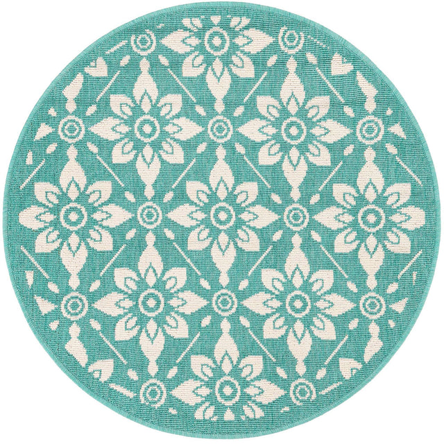 Teal 3' 1 x 3' 1 Outdoor Trellis Round Area Rug Weather Resistant for Patio, Deck, Terrace, Balcony, Porch Geometric Design Water Safe Outside Carpet for Sale at Rug Engine