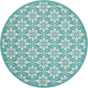 Teal 5' 1 x 5' 1 Outdoor Trellis Round Area Rug Weather Resistant for Patio, Deck, Terrace, Balcony, Porch Geometric Design Water Safe Outside Carpet for Sale at Rug Engine
