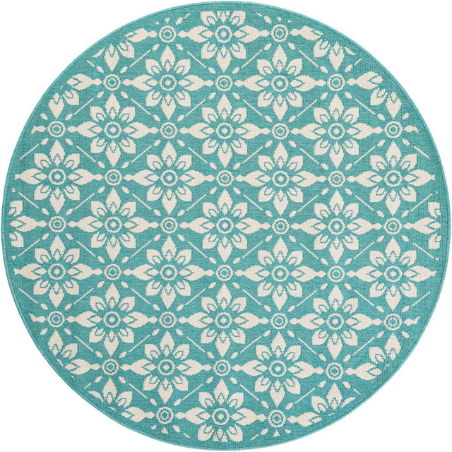 Teal 5' 1 x 5' 1 Outdoor Trellis Round Area Rug Weather Resistant for Patio, Deck, Terrace, Balcony, Porch Geometric Design Water Safe Outside Carpet for Sale at Rug Engine