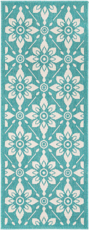 Teal 2' x 5' 1 Outdoor Trellis Runner Area Rug Weather Resistant for Patio, Deck, Terrace, Balcony, Porch Geometric Design Water Safe Outside Carpet for Sale at Rug Engine