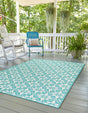 Teal 5' 1 x 8' Outdoor Trellis Rectangle Area Rug Weather Resistant for Patio, Deck, Terrace, Balcony, Porch Geometric Design Water Safe Outside Carpet for Sale at Rug Engine