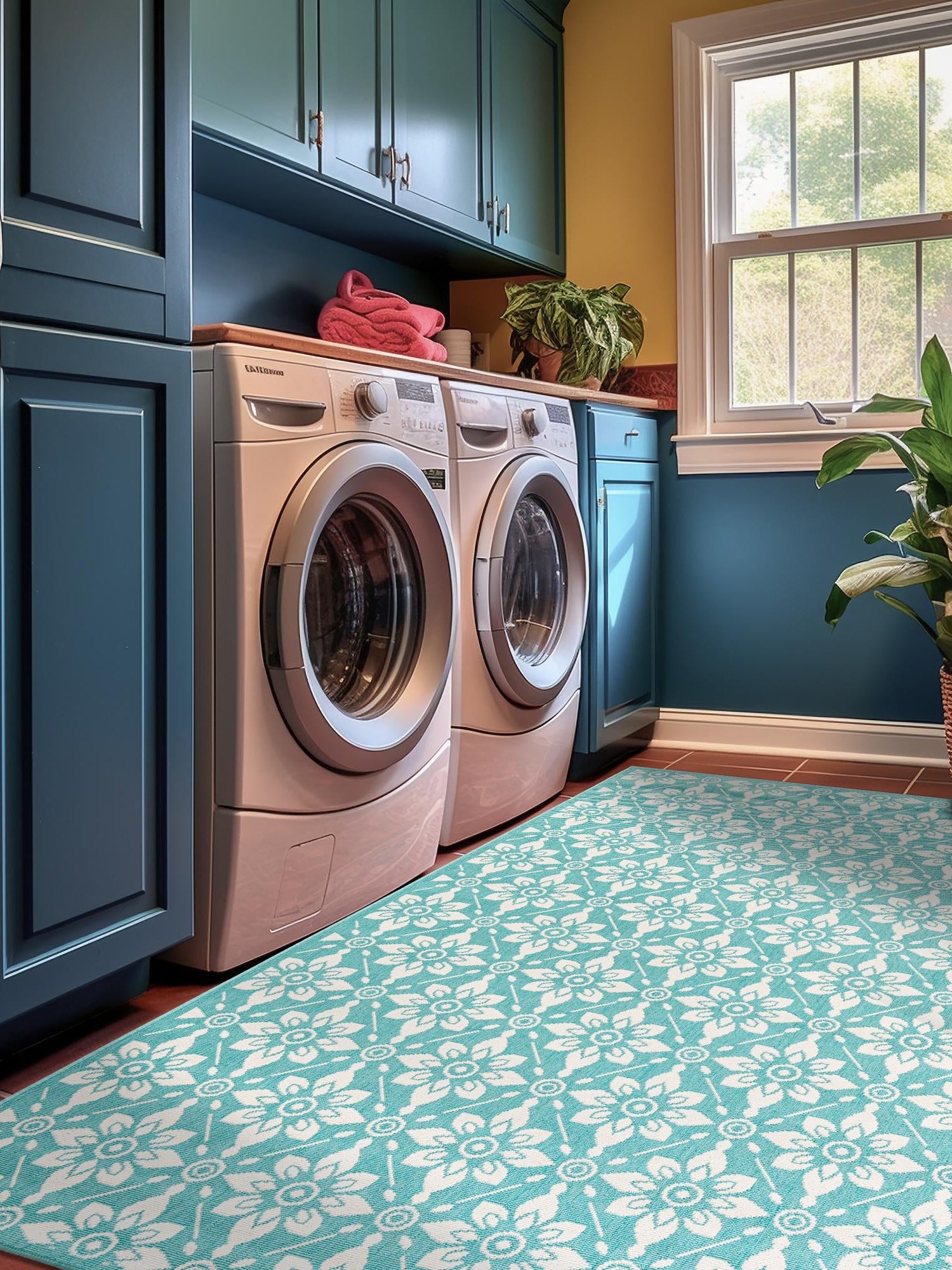 Teal 4' 1 x 6' 1 Outdoor Trellis Rectangle Area Rug Weather Resistant for Patio, Deck, Terrace, Balcony, Porch Geometric Design Water Safe Outside Carpet for Sale at Rug Engine