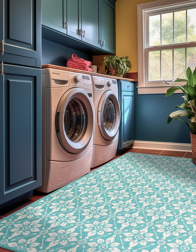 Teal 2' x 3' 1 Outdoor Trellis Rectangle Area Rug Weather Resistant for Patio, Deck, Terrace, Balcony, Porch Geometric Design Water Safe Outside Carpet for Sale at Rug Engine