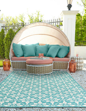 Teal 7' 10 x 10' Outdoor Trellis Rectangle Area Rug Weather Resistant for Patio, Deck, Terrace, Balcony, Porch Geometric Design Water Safe Outside Carpet for Sale at Rug Engine