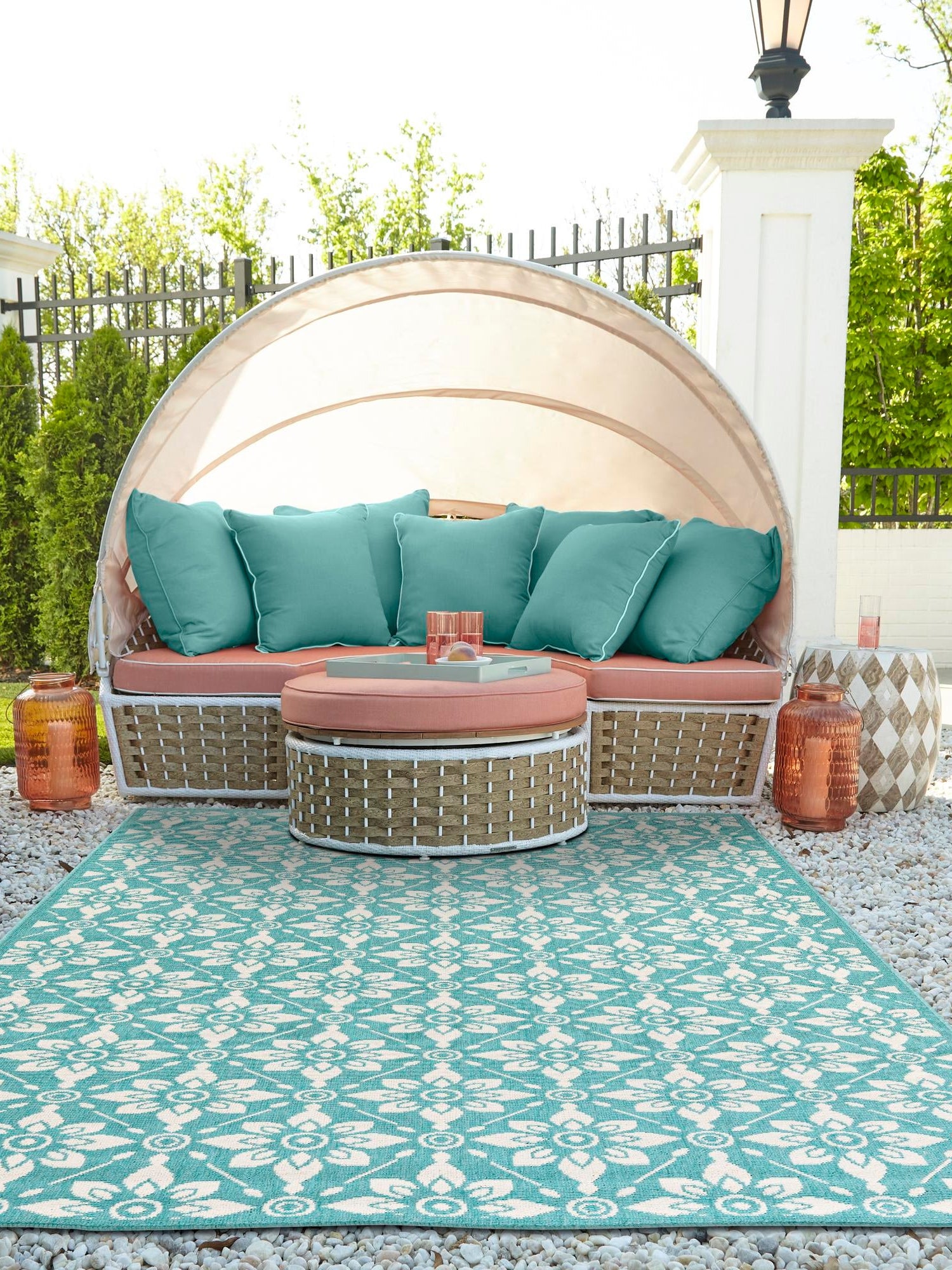 Teal 2' x 3' 1 Outdoor Trellis Rectangle Area Rug Weather Resistant for Patio, Deck, Terrace, Balcony, Porch Geometric Design Water Safe Outside Carpet for Sale at Rug Engine