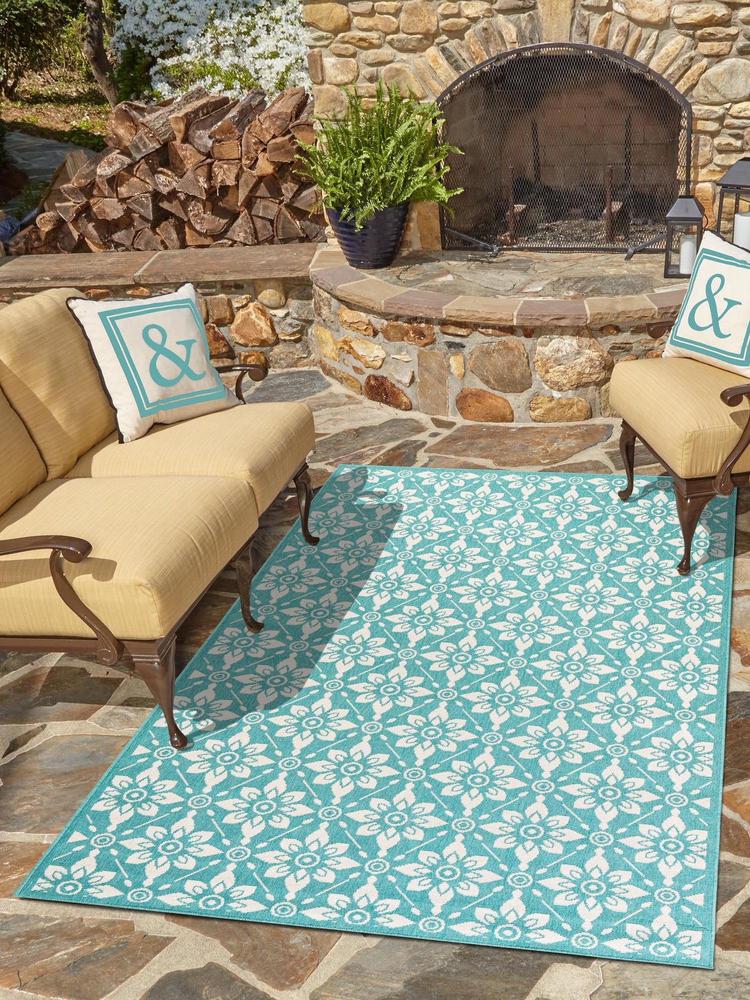 Teal 9' x 12' Outdoor Trellis Rectangle Area Rug Weather Resistant for Patio, Deck, Terrace, Balcony, Porch Geometric Design Water Safe Outside Carpet for Sale at Rug Engine