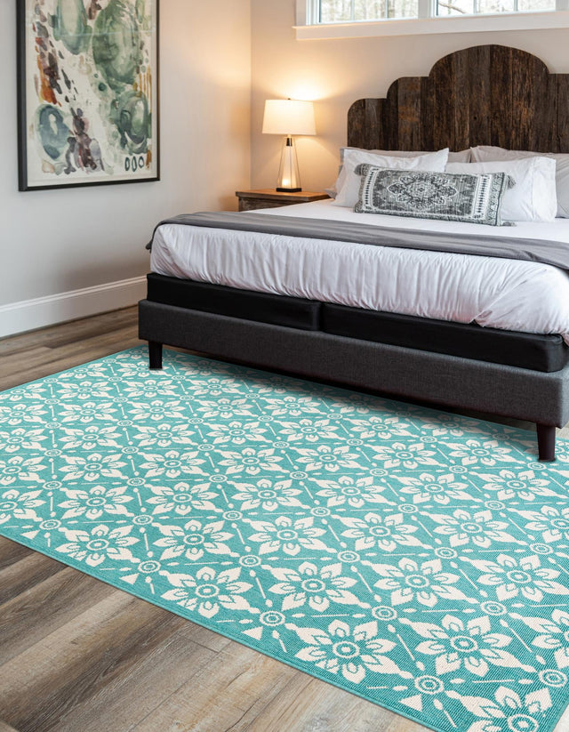 Teal 10' x 14' 1 Outdoor Trellis Rectangle Area Rug Weather Resistant for Patio, Deck, Terrace, Balcony, Porch Geometric Design Water Safe Outside Carpet for Sale at Rug Engine