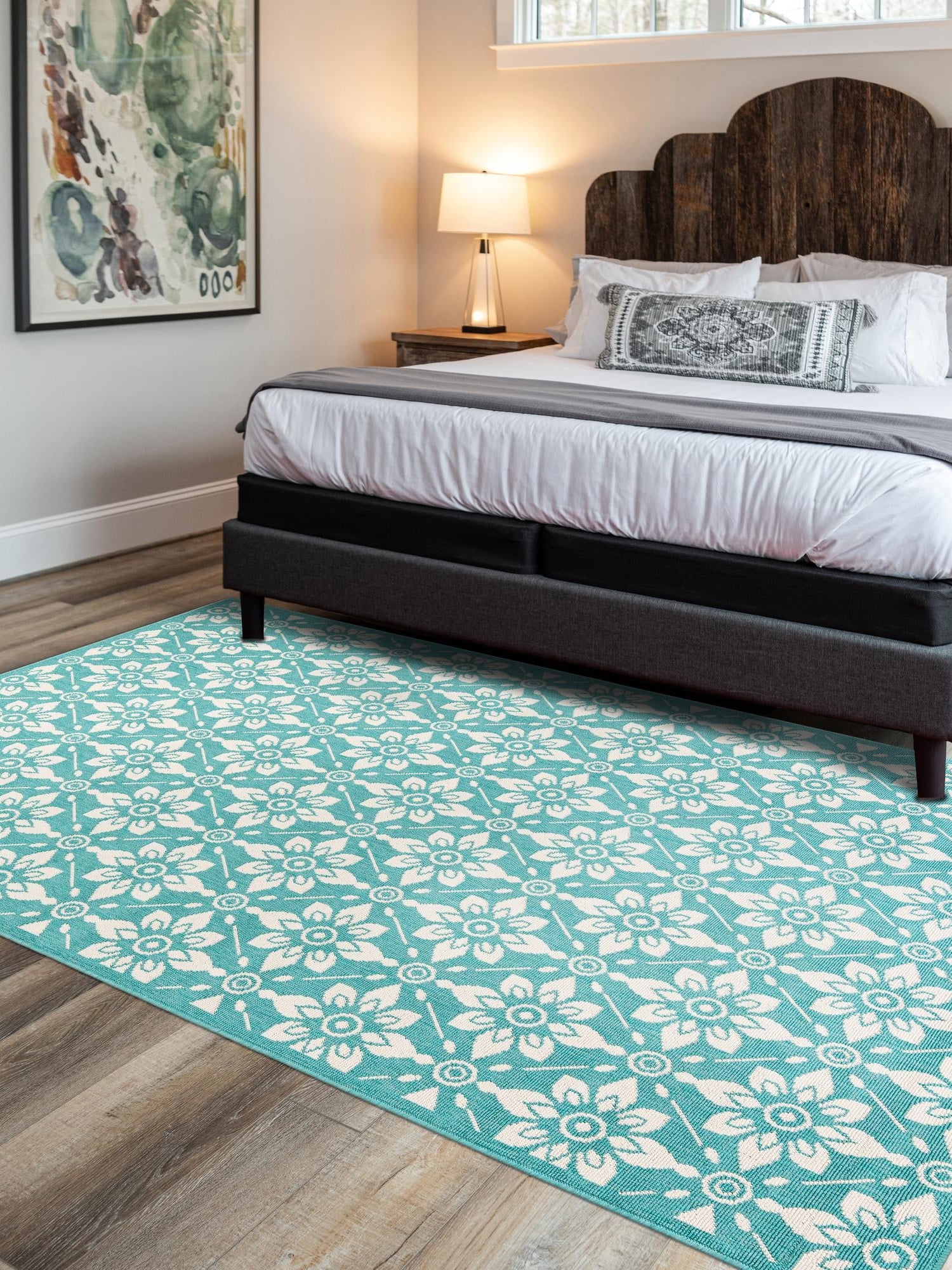 Teal 9' x 12' Outdoor Trellis Rectangle Area Rug Weather Resistant for Patio, Deck, Terrace, Balcony, Porch Geometric Design Water Safe Outside Carpet for Sale at Rug Engine
