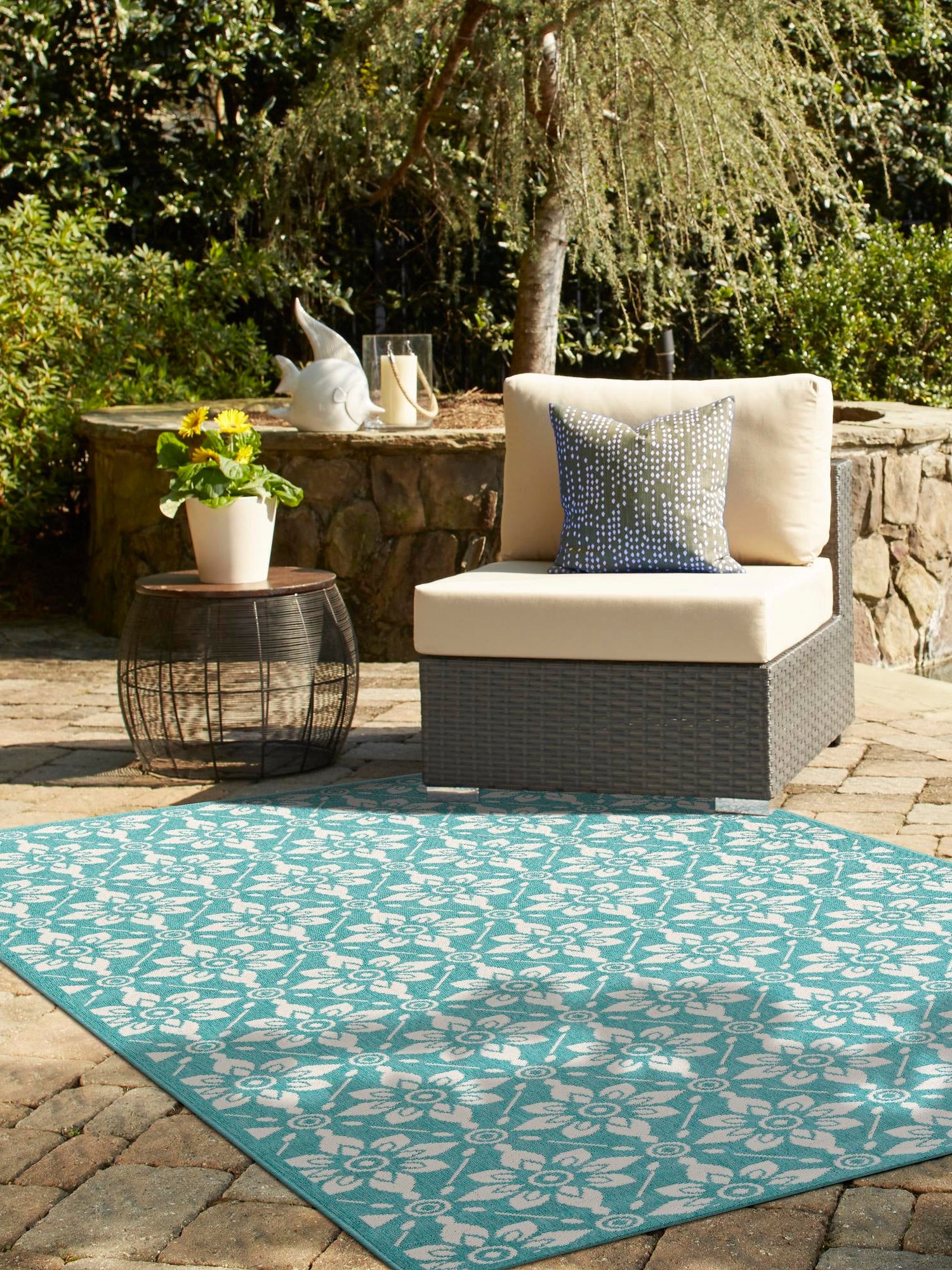 Teal 9' x 12' Outdoor Trellis Rectangle Area Rug Weather Resistant for Patio, Deck, Terrace, Balcony, Porch Geometric Design Water Safe Outside Carpet for Sale at Rug Engine