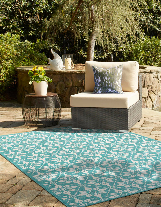 Teal 5' 1 x 8' Outdoor Trellis Rectangle Area Rug Weather Resistant for Patio, Deck, Terrace, Balcony, Porch Geometric Design Water Safe Outside Carpet for Sale at Rug Engine