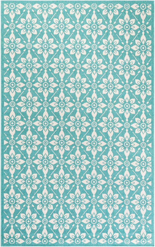 Teal 5' 1 x 8' Outdoor Trellis Rectangle Area Rug Weather Resistant for Patio, Deck, Terrace, Balcony, Porch Geometric Design Water Safe Outside Carpet for Sale at Rug Engine