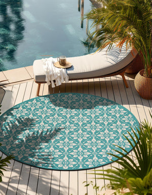 Teal 7' 10 x 7' 10 Outdoor Trellis Round Area Rug Weather Resistant for Patio, Deck, Terrace, Balcony, Porch Geometric Design Water Safe Outside Carpet for Sale at Rug Engine