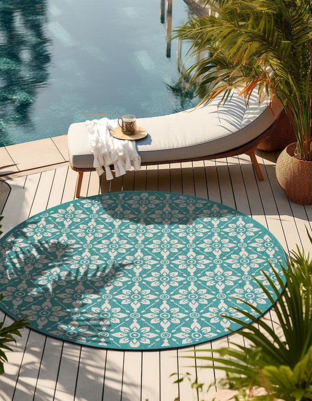 Teal 6' 1 x 6' 1 Outdoor Trellis Round Area Rug Weather Resistant for Patio, Deck, Terrace, Balcony, Porch Geometric Design Water Safe Outside Carpet for Sale at Rug Engine