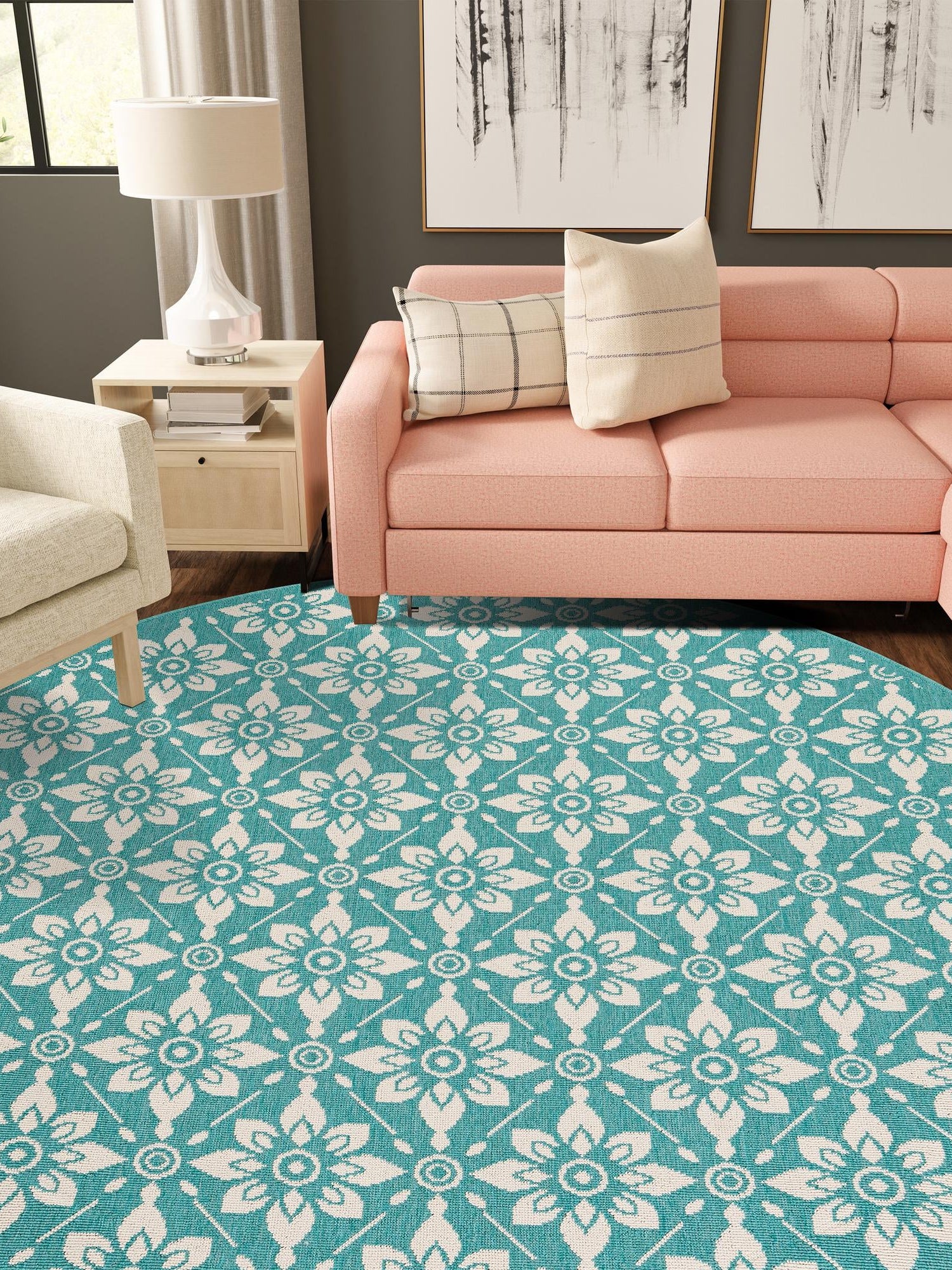 Teal 7' 10 x 7' 10 Outdoor Trellis Round Area Rug Weather Resistant for Patio, Deck, Terrace, Balcony, Porch Geometric Design Water Safe Outside Carpet for Sale at Rug Engine