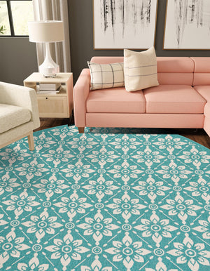 Teal 3' 1 x 3' 1 Outdoor Trellis Round Area Rug Weather Resistant for Patio, Deck, Terrace, Balcony, Porch Geometric Design Water Safe Outside Carpet for Sale at Rug Engine