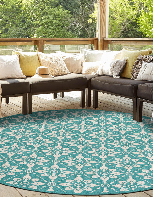 Teal 3' 1 x 3' 1 Outdoor Trellis Round Area Rug Weather Resistant for Patio, Deck, Terrace, Balcony, Porch Geometric Design Water Safe Outside Carpet for Sale at Rug Engine