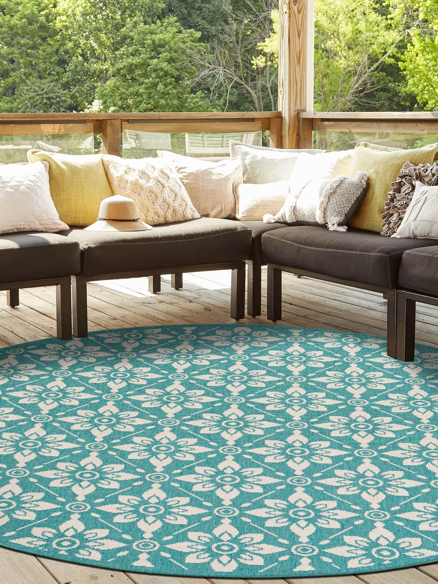 Teal 4' 1 x 4' 1 Outdoor Trellis Round Area Rug Weather Resistant for Patio, Deck, Terrace, Balcony, Porch Geometric Design Water Safe Outside Carpet for Sale at Rug Engine