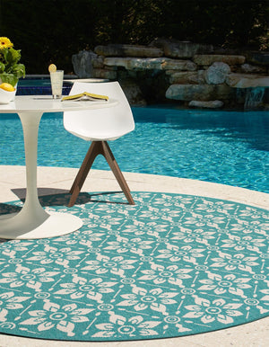 Teal 5' 1 x 5' 1 Outdoor Trellis Round Area Rug Weather Resistant for Patio, Deck, Terrace, Balcony, Porch Geometric Design Water Safe Outside Carpet for Sale at Rug Engine