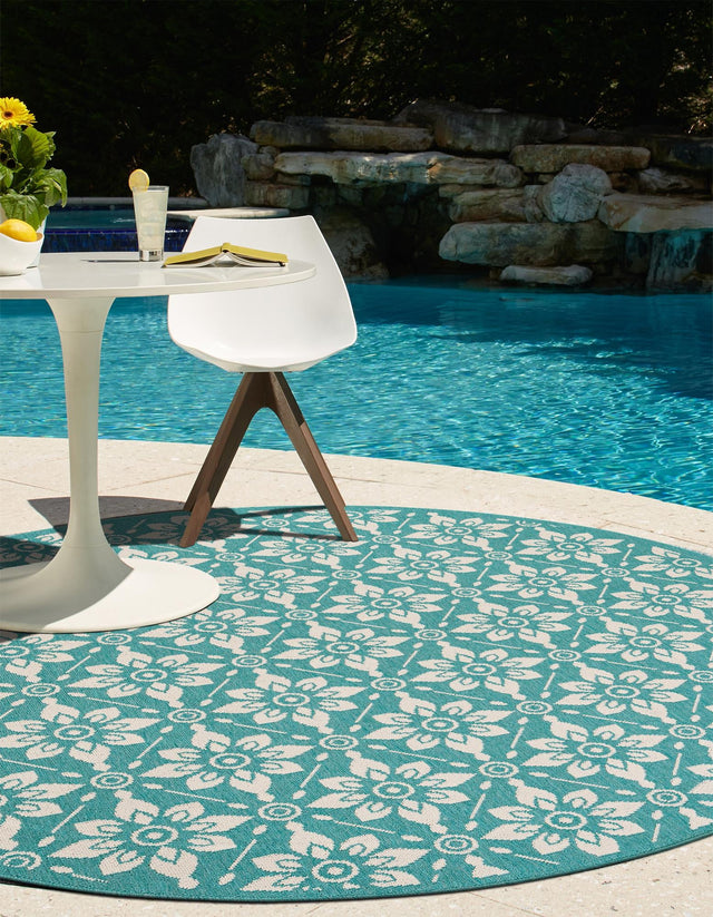 Teal 7' 10 x 7' 10 Outdoor Trellis Round Area Rug Weather Resistant for Patio, Deck, Terrace, Balcony, Porch Geometric Design Water Safe Outside Carpet for Sale at Rug Engine