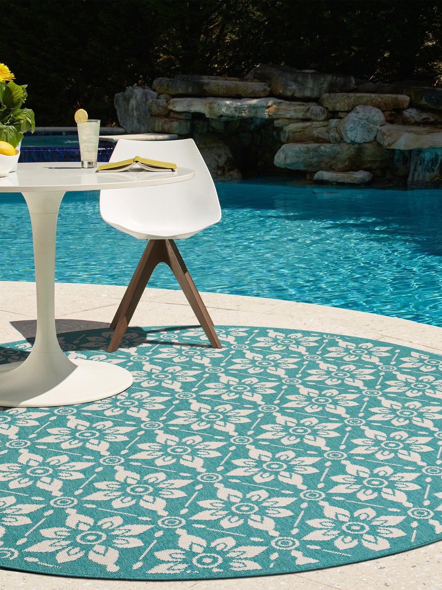 Teal 4' 1 x 4' 1 Outdoor Trellis Round Area Rug Weather Resistant for Patio, Deck, Terrace, Balcony, Porch Geometric Design Water Safe Outside Carpet for Sale at Rug Engine