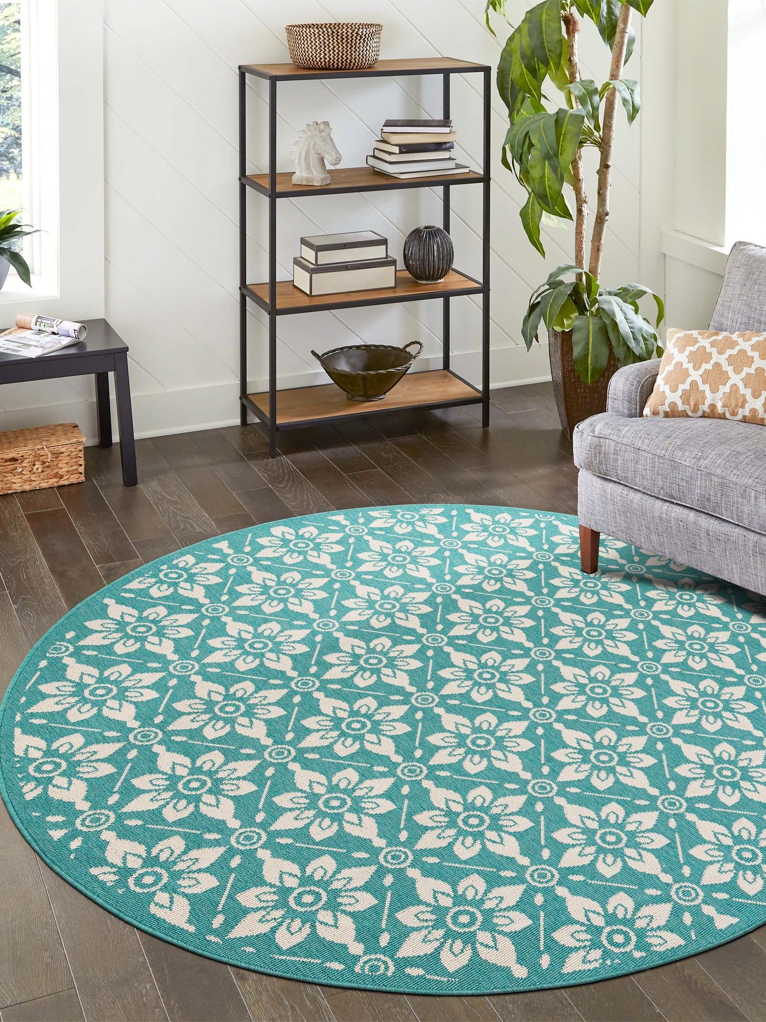 Teal 6' 1 x 6' 1 Outdoor Trellis Round Area Rug Weather Resistant for Patio, Deck, Terrace, Balcony, Porch Geometric Design Water Safe Outside Carpet for Sale at Rug Engine