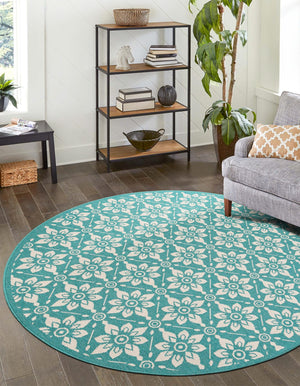 Teal 7' 10 x 7' 10 Outdoor Trellis Round Area Rug Weather Resistant for Patio, Deck, Terrace, Balcony, Porch Geometric Design Water Safe Outside Carpet for Sale at Rug Engine
