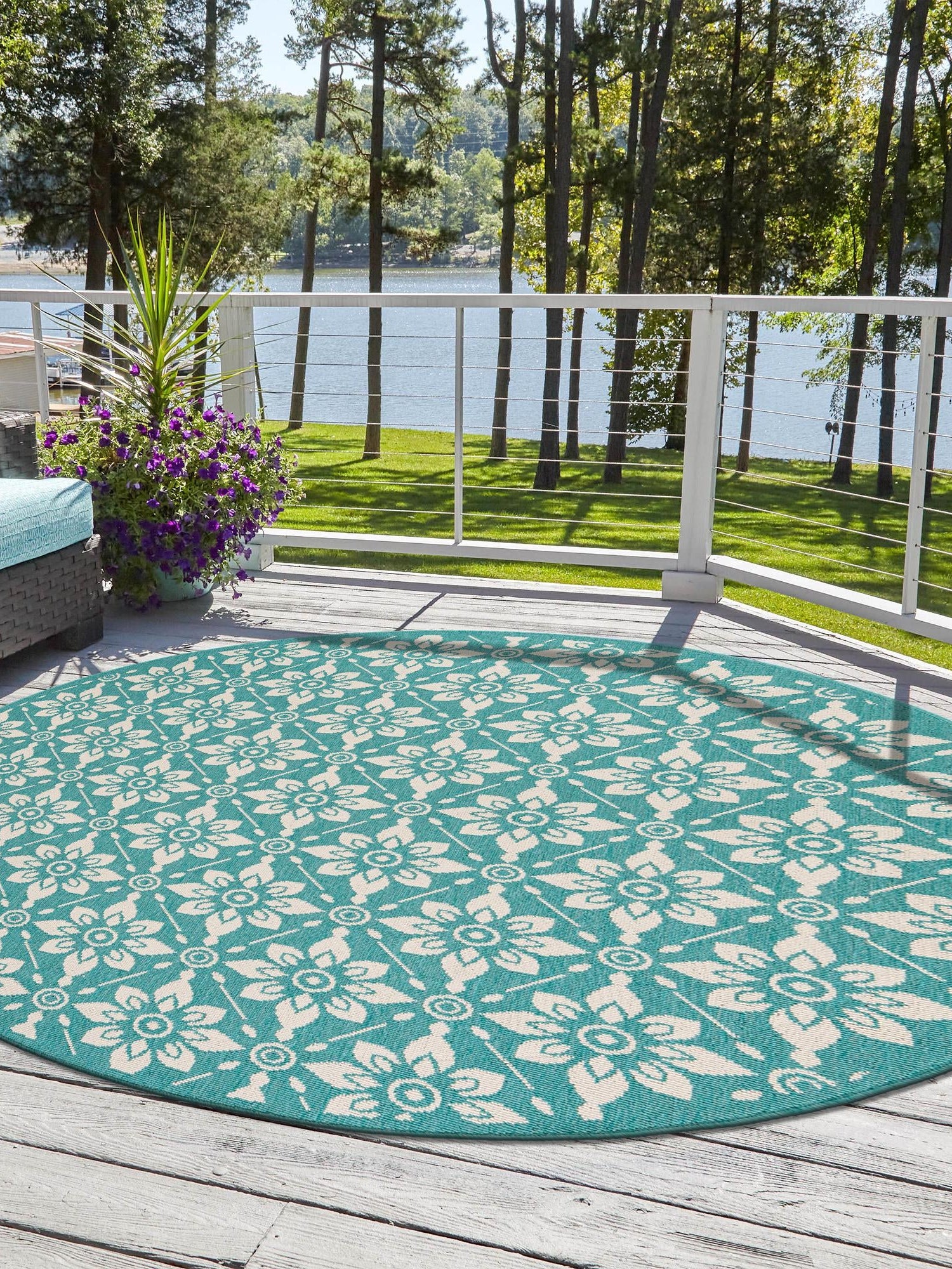 Teal 4' 1 x 4' 1 Outdoor Trellis Round Area Rug Weather Resistant for Patio, Deck, Terrace, Balcony, Porch Geometric Design Water Safe Outside Carpet for Sale at Rug Engine