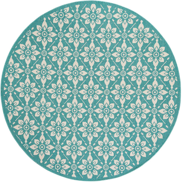 Teal 6' 1 x 6' 1 Outdoor Trellis Round Area Rug Weather Resistant for Patio, Deck, Terrace, Balcony, Porch Geometric Design Water Safe Outside Carpet for Sale at Rug Engine