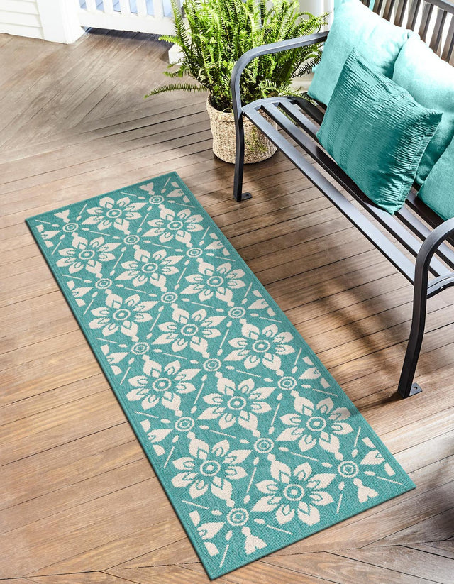 Teal 2' 7 x 10' Outdoor Trellis Runner Area Rug Weather Resistant for Patio, Deck, Terrace, Balcony, Porch Geometric Design Water Safe Outside Carpet for Sale at Rug Engine