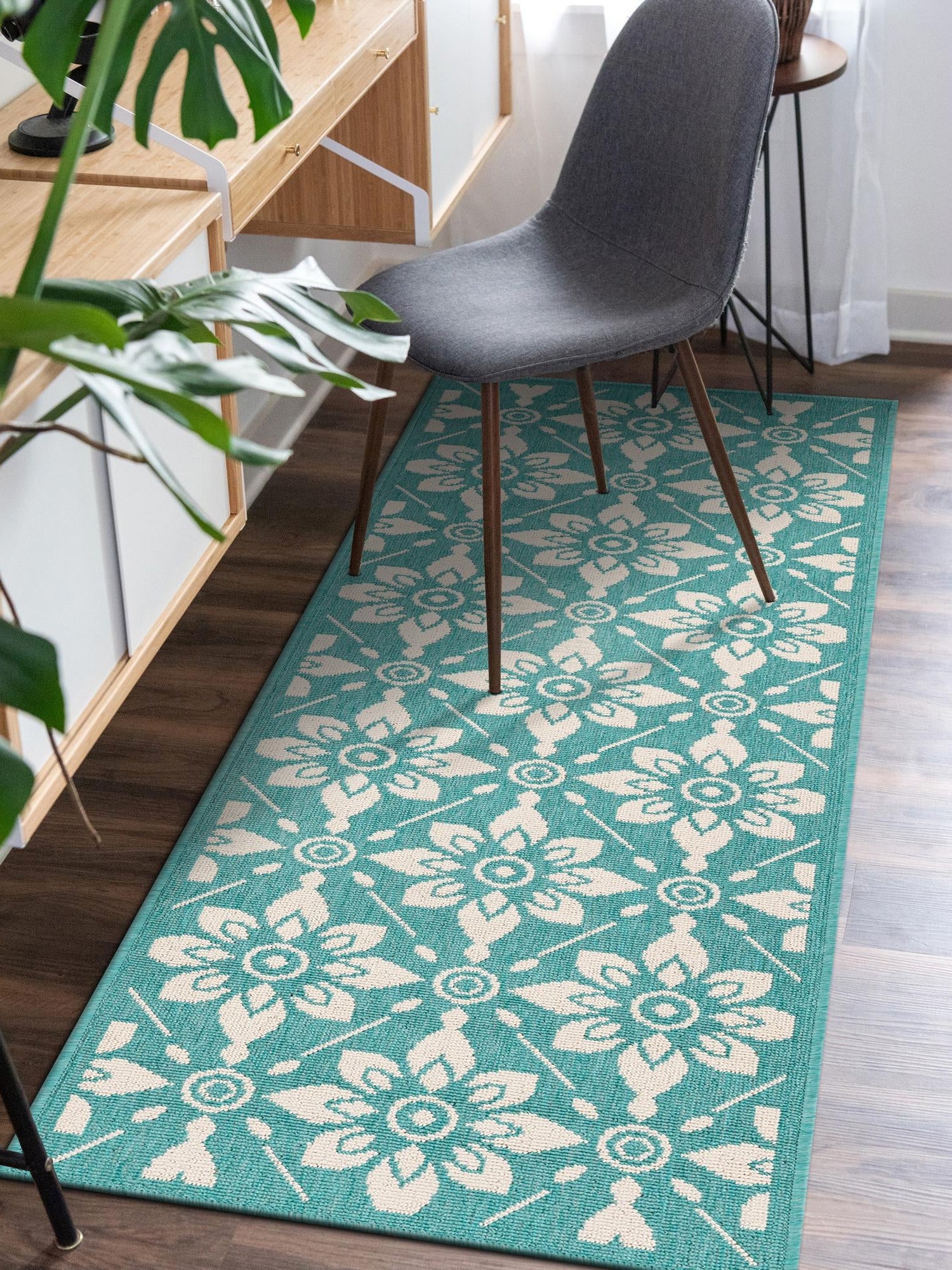 Teal 2' x 8' Outdoor Trellis Runner Area Rug Weather Resistant for Patio, Deck, Terrace, Balcony, Porch Geometric Design Water Safe Outside Carpet for Sale at Rug Engine
