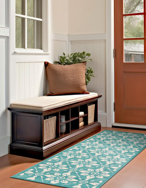 Teal 2' x 5' 1 Outdoor Trellis Runner Area Rug Weather Resistant for Patio, Deck, Terrace, Balcony, Porch Geometric Design Water Safe Outside Carpet for Sale at Rug Engine