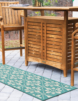 Teal 2' x 6' 1 Outdoor Trellis Runner Area Rug Weather Resistant for Patio, Deck, Terrace, Balcony, Porch Geometric Design Water Safe Outside Carpet for Sale at Rug Engine