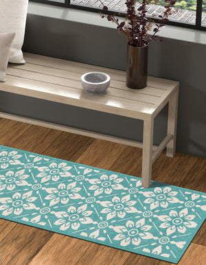 Teal 2' 7 x 10' Outdoor Trellis Runner Area Rug Weather Resistant for Patio, Deck, Terrace, Balcony, Porch Geometric Design Water Safe Outside Carpet for Sale at Rug Engine