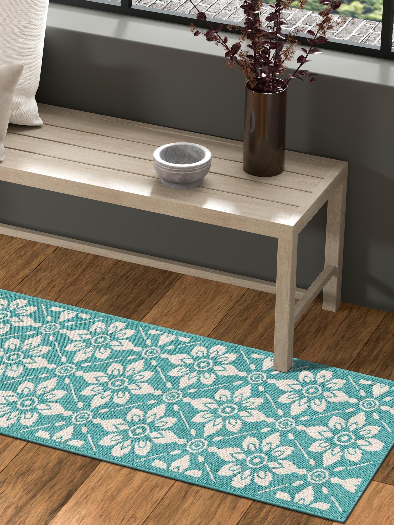 Teal 2' x 8' Outdoor Trellis Runner Area Rug Weather Resistant for Patio, Deck, Terrace, Balcony, Porch Geometric Design Water Safe Outside Carpet for Sale at Rug Engine