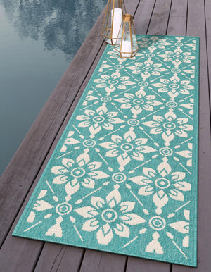 Teal 2' 7 x 10' Outdoor Trellis Runner Area Rug Weather Resistant for Patio, Deck, Terrace, Balcony, Porch Geometric Design Water Safe Outside Carpet for Sale at Rug Engine