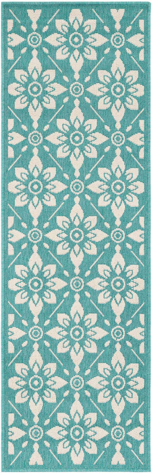 Teal 2' x 6' 1 Outdoor Trellis Runner Area Rug Weather Resistant for Patio, Deck, Terrace, Balcony, Porch Geometric Design Water Safe Outside Carpet for Sale at Rug Engine