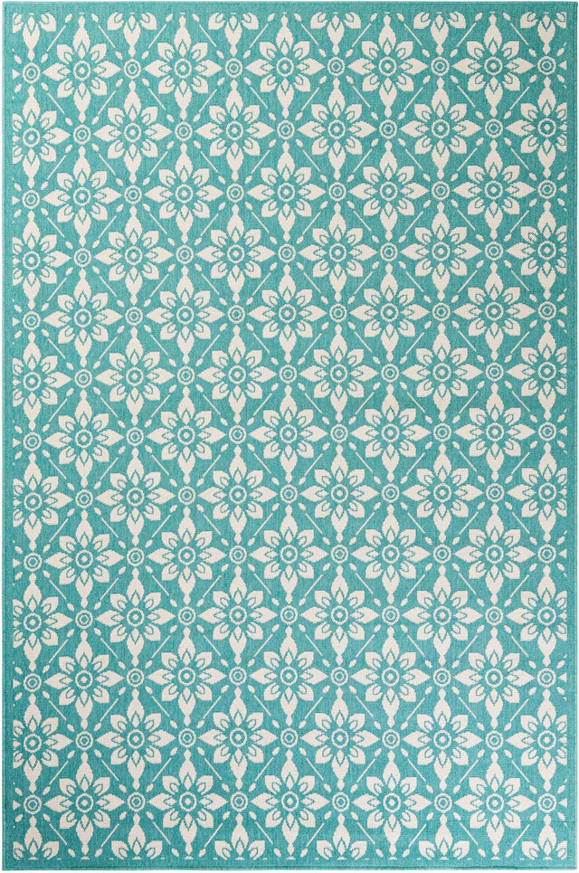 Teal 6' 1 x 9' Outdoor Trellis Rectangle Area Rug Weather Resistant for Patio, Deck, Terrace, Balcony, Porch Geometric Design Water Safe Outside Carpet for Sale at Rug Engine