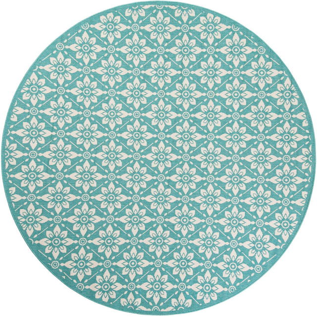 Teal 7' 10 x 7' 10 Outdoor Trellis Round Area Rug Weather Resistant for Patio, Deck, Terrace, Balcony, Porch Geometric Design Water Safe Outside Carpet for Sale at Rug Engine