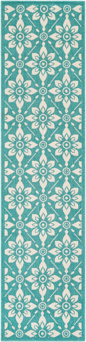 Teal 2' x 8' Outdoor Trellis Runner Area Rug Weather Resistant for Patio, Deck, Terrace, Balcony, Porch Geometric Design Water Safe Outside Carpet for Sale at Rug Engine