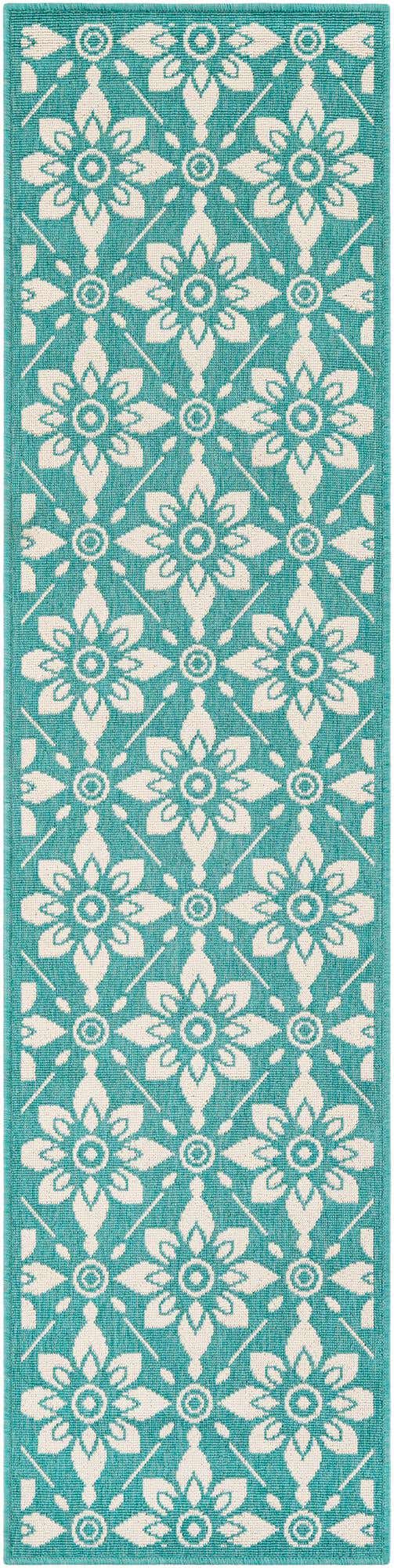 Teal 2' x 8' Outdoor Trellis Runner Area Rug Weather Resistant for Patio, Deck, Terrace, Balcony, Porch Geometric Design Water Safe Outside Carpet for Sale at Rug Engine