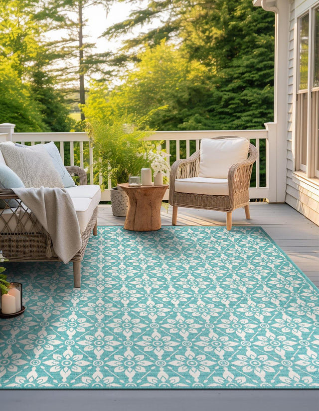 Teal 7' 10 x 7' 10 Outdoor Trellis Square Area Rug Weather Resistant for Patio, Deck, Terrace, Balcony, Porch Geometric Design Water Safe Outside Carpet for Sale at Rug Engine
