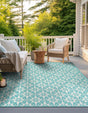 Teal 7' 10 x 7' 10 Outdoor Trellis Square Area Rug Weather Resistant for Patio, Deck, Terrace, Balcony, Porch Geometric Design Water Safe Outside Carpet for Sale at Rug Engine