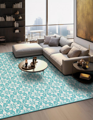 Teal 7' 10 x 7' 10 Outdoor Trellis Square Area Rug Weather Resistant for Patio, Deck, Terrace, Balcony, Porch Geometric Design Water Safe Outside Carpet for Sale at Rug Engine