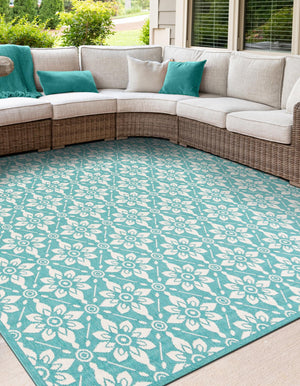 Teal 7' 10 x 7' 10 Outdoor Trellis Square Area Rug Weather Resistant for Patio, Deck, Terrace, Balcony, Porch Geometric Design Water Safe Outside Carpet for Sale at Rug Engine