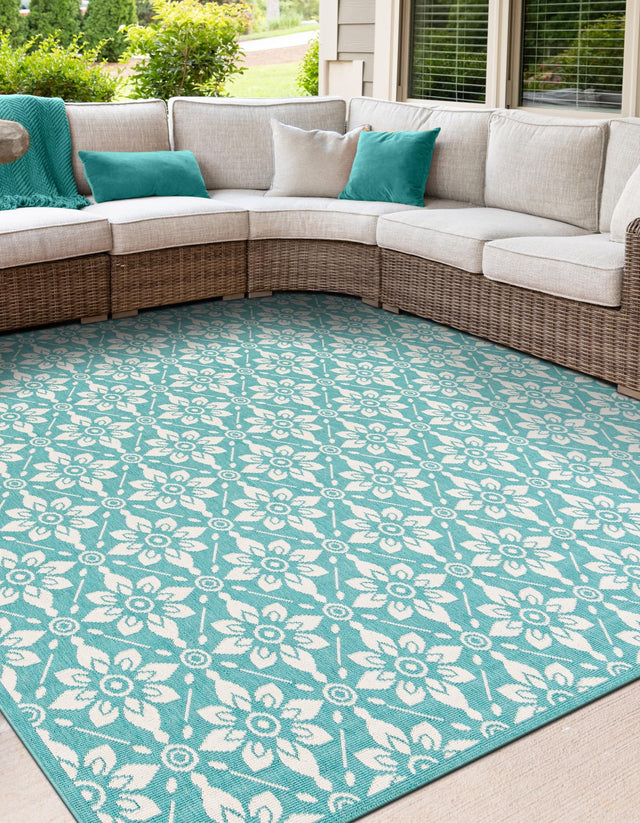 Teal 7' 10 x 7' 10 Outdoor Trellis Square Area Rug Weather Resistant for Patio, Deck, Terrace, Balcony, Porch Geometric Design Water Safe Outside Carpet for Sale at Rug Engine