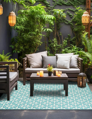 Teal 7' 10 x 7' 10 Outdoor Trellis Square Area Rug Weather Resistant for Patio, Deck, Terrace, Balcony, Porch Geometric Design Water Safe Outside Carpet for Sale at Rug Engine