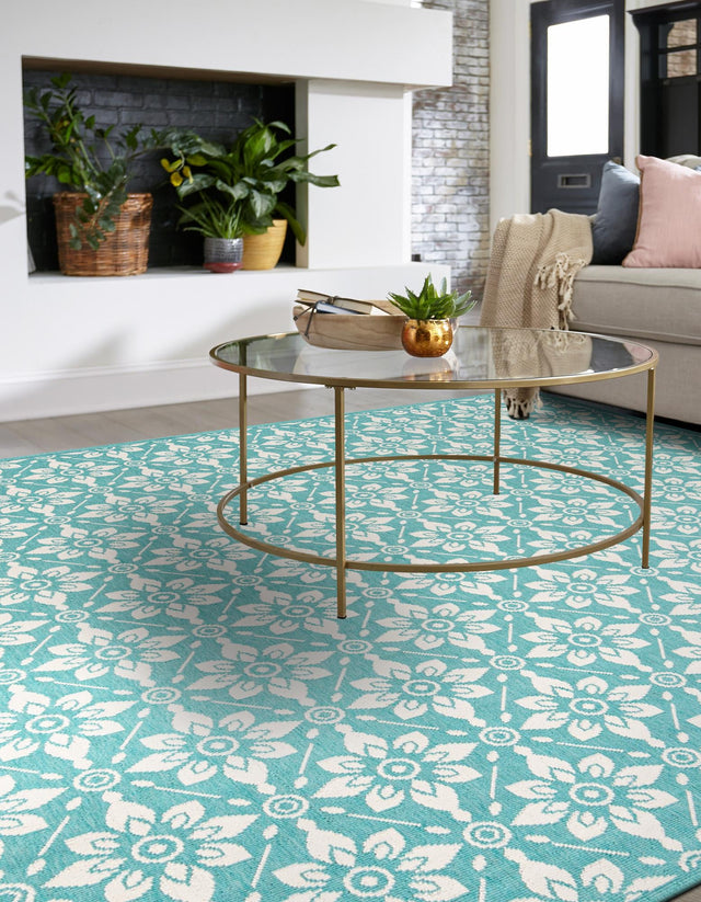 Teal 7' 10 x 7' 10 Outdoor Trellis Square Area Rug Weather Resistant for Patio, Deck, Terrace, Balcony, Porch Geometric Design Water Safe Outside Carpet for Sale at Rug Engine