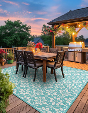 Teal 7' 10 x 7' 10 Outdoor Trellis Square Area Rug Weather Resistant for Patio, Deck, Terrace, Balcony, Porch Geometric Design Water Safe Outside Carpet for Sale at Rug Engine