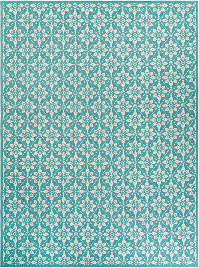Teal 9' x 12' Outdoor Trellis Rectangle Area Rug Weather Resistant for Patio, Deck, Terrace, Balcony, Porch Geometric Design Water Safe Outside Carpet for Sale at Rug Engine