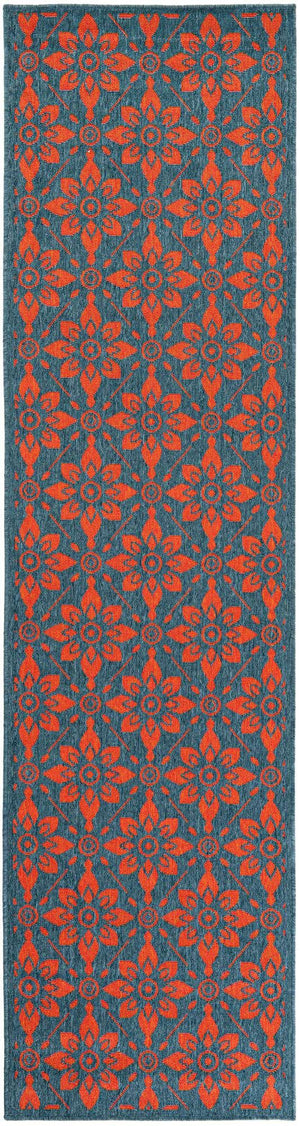 Blue and Red 2' 7 x 10' Outdoor Trellis Runner Area Rug Weather Resistant for Patio, Deck, Terrace, Balcony, Porch Geometric Design Water Safe Outside Carpet for Sale at Rug Engine